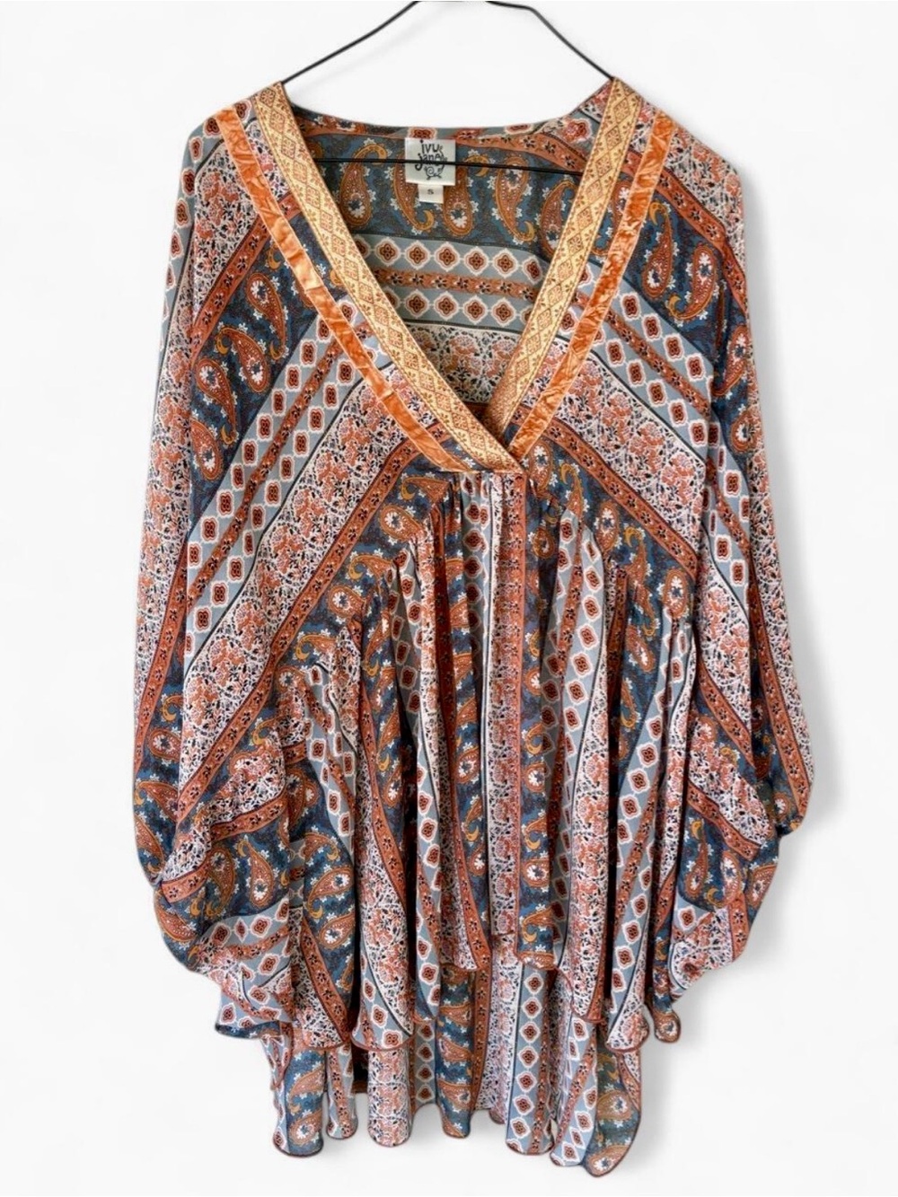 Ivy Jane‎ Paisley Boho Tunic Top Peasant Blouse Small Balloon Sleeve Flowy Multi